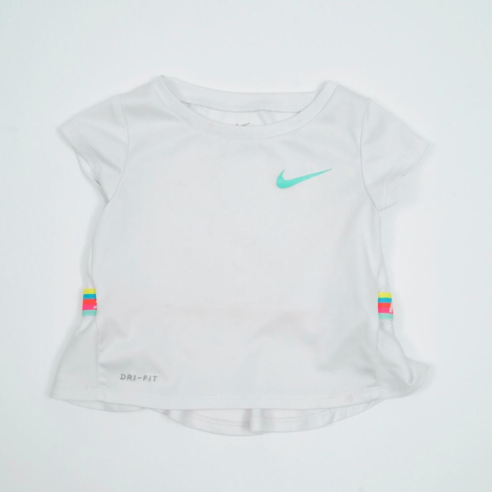 Nike Dri-FIT Girls 24M Short Sleeve Athletic Shirt White Pink Green Swoosh
